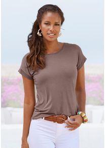 Kurzarmshirt Vivance "mit Gummizug im Bund", Damen, Gr. 44/46, grau (taupe), Obermaterial: 95% Viskose, 5% Elasthan, unifarben, Basic, bequem normal, Rundhals, angeschnitten, Shirts Kurzarmshirt, aus weichem Viskose-Stretch, Topseller