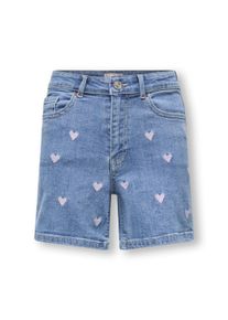 Jeansshorts KIDS Only "KOGJUICY HEART EMB SHORTS DNM", Jungen, Gr. 146, N-Gr, light medium blau denim aop:pink heart embroidery, Denim/Jeans, Obermaterial: 98% Baumwolle, 2% Elasthan, bestickt, Basic ca. Mitte Oberschenkel, Jeans Jeansshorts, mit Allover-Stickerei