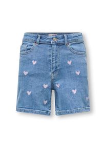 Jeansshorts KIDS Only "KOGJUICY HEART EMB SHORTS DNM", Jungen, Gr. 158, N-Gr, light medium blau denim aop:pink heart embroidery, Denim/Jeans, Obermaterial: 98% Baumwolle, 2% Elasthan, bestickt, Basic ca. Mitte Oberschenkel, Jeans Jeansshorts, mit Allover-Stickerei