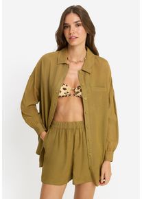 Langarmbluse LSCN BY LASCANA, Damen, Gr. 36, gr&uuml;n moss, Web, Obermaterial: 58% Viskose, 28% Baumwolle, 14% Leinen, unifarben, figurumspielend h&uuml;ftbedeckend, 1-Knopf-Manschette, Blusen Langarmbluse