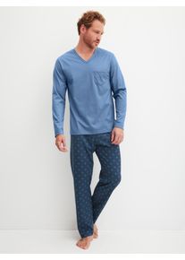 Schlafanzug Calida "Relax Imprint 2", Damen, Gr. XXL (58/60), coronet blau, Single Jersey, Obermaterial: 100% Baumwolle, bequem lang, V-Ausschnitt, Homewear-Sets Schlafanzug, atmungsaktiv, Cotton, leicht, weicher Single-Jersey