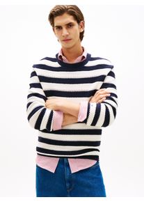 Rundhalspullover Tommy Hilfiger "CROCHET BLOCK STRIPE CREW NECK", Damen, Gr. XL, desert sky, ivory petal, Strick, Obermaterial: 100% Baumwolle, relaxed fit, Rundhals, Pullover Rundhalspullover, Gestreifter Relaxed Fit H&auml;kelpullover