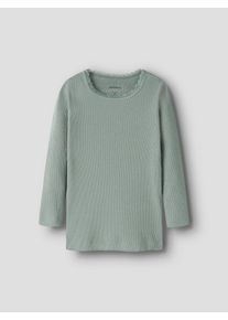 Langarmshirt name it "NMFKAB LS TOP NOOS", M&auml;dchen, Gr. 86, grau (slate gray), Feinripp, Obermaterial: 57% Baumwolle, 38% Modal, 5% Elasthan, unifarben, regular fit h&uuml;ftbedeckend, Rundhals, abgesteppte Kante, Shirts Langarmshirt, in Feinripp und mit s&uuml;&szlig;er Spitzenkante am Ausschnitt