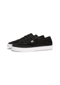 Plateausneaker Tommy Hilfiger "TH OPEN MESH VULC SNEAKER", Damen, Gr. 35, schwarz, Textil, Schuhe Plateausneaker, Freizeitschuh, Halbschuh, Schn&uuml;rschuh mit Logoflagge