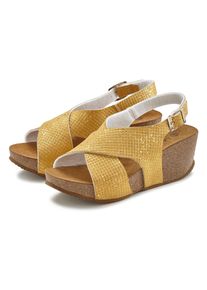 Sandalette Lascana "Sommerschuh", Damen, Gr. 41, gelb (curry, gelb), Obermaterial: 100% Lederimitat. Decksohle: 100% Rindsleder. Futter: 100% Textilmaterial. Laufsohle: 100% Synthetik, Strukturmuster, Schuhe Sandalette, Sommerschuh mit Keilabsatz und Korkfu&szlig;bett