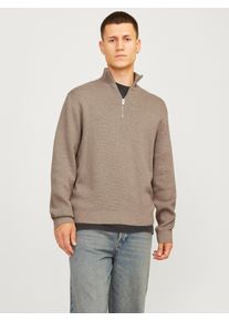 Jack & Jones Troyer JACK & JONES "JPRBLAMILANO STITCH KNIT HALF ZIP SN", Herren, Gr. S, greige detail:melange, Strick, Obermaterial: 100% Baumwolle, meliert, relaxed fit normal, Rundhals, B&uuml;ndchen, Pullover Troyer, Baumwolle, relaxed fit
