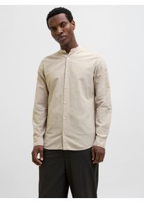 Jack & Jones Langarmhemd JACK & JONES "JJEBREEZE BAND SHIRT LS SN", Herren, Gr. M, N-Gr, beige (crockery), Web, Obermaterial: 70% Baumwolle, 30% Leinen, unifarben, slim fit taillenbedeckt, ohne Ausschnitt, Manschette, Hemden Langarmhemd, mit Bandkragen