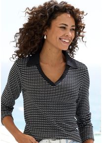 Langarm-Poloshirt Vivance "aus strukturierter Strickqualit&auml;t", Herren, Gr. 32/34, schwarz, creme, Strick, Obermaterial: 75% Baumwolle, 25% Polyester, gemustert, bequem, V-Ausschnitt, Shirts Langarm-Poloshirt, sch&ouml;ne Strick-Qualit&auml;t, Topseller