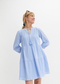 bonprix Blusenkleid aus reiner Baumwolle, blau, Gr.52, Luftiges Sommerkleid mit Schn&uuml;rung am Ausschnitt, aus 100% Baumwolle