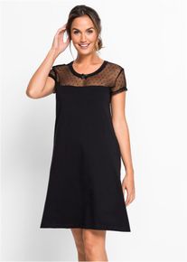 Nachthemd bonprix, Damen, Gr. 52/54 (XXL), N-Gr, schwarz, Jersey, Obermaterial: 100% Baumwolle. Spitze: 82% Polyamid, 18% Elasthan, unifarben, Basic knieumspielend, Rundhals, Kleider Nachthemd, mit Mesh-Einsatz und dekorativer Zierschleife am Ausschnitt