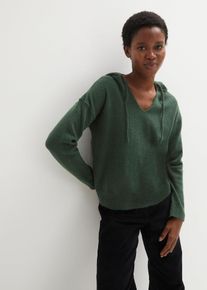 Strickpullover bonprix, Damen, Gr. 48/50 (XL), dunkelgr&uuml;n, Strick, Obermaterial: 67% Polyacryl, 30% Polyester, 3% Elasthan, unifarben, l&auml;ssig geschnitten h&uuml;ftlang, V-Ausschnitt, Strickb&uuml;ndchen, Pullover Strickpullover, mit Kapuze, Langarm, l&auml;ssige Passform