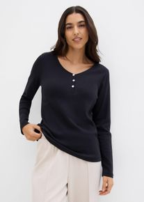 Langarmshirt bonprix, Damen, Gr. 40/42 (M), schwarz, Jersey, Obermaterial: 100% Baumwolle, unifarben, schmal h&uuml;ftbedeckend, Rundhals, Shirts Langarmshirt, schmale Passform, Langarm, mit kurzer Knopfleiste im Henley-Stil