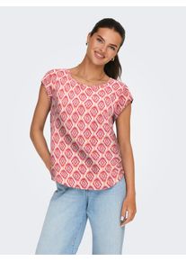 Shirtbluse Only "ONLVIC S/S AOP TOP NOOS PTM", Damen, Gr. 38, equestrian rot aop:warm tiles, Web, Obermaterial: 97% Polyester, 3% Elasthan, bedruckt, regular fit h&uuml;ftlang, Rundhals, Blusen Shirtbluse, mit Allover Druck