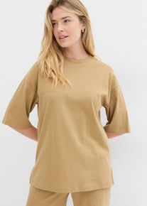 Longshirt bonprix, Damen, Gr. 44/46 (L), khakibraun, Interlock, Obermaterial: 100% Baumwolle, unifarben, oversize Po-bedeckend, Rundhals, weit, Shirts Longshirt, Oversized Schnitt, Halbarm, f&uuml;r Fr&uuml;hling und Sommer