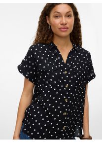 V&eacute;ro Moda Kurzarmbluse VERO MODA "VMBUMPY SS SHIRT AOP WVN GA NOOS", Damen, Gr. XL, schwarz aop:carla dot snow wei&szlig;, Web, Obermaterial: 100% Viskose, bedruckt, normal, V-Ausschnitt, Blusen Kurzarmbluse, Viskose, regular fit