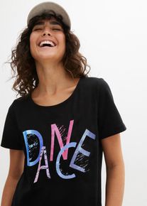 T-Shirt bonprix, Damen, Gr. 36/38 (S), schwarz bedruckt, Jersey, Obermaterial: 95% Baumwolle, 5% Elasthan, bedruckt, unifarben, loose fit Po-bedeckend, Rundhals, Shirts T-Shirt, lockerer Schnitt, Kurzarm, mit Retro-Print, Seitenschlitze