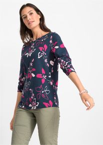 Langarmshirt bonprix, Damen, Gr. 48/50 (XL), dunkelblau gebl&uuml;mt, Jersey, Obermaterial: 100% Baumwolle, bedruckt, gebl&uuml;mt, figurumspielend h&uuml;ftlang, Rundhals, Shirts Langarmshirt, figurumspielende Passform, Langarm-Design, f&uuml;r Fr&uuml;hling und Sommer