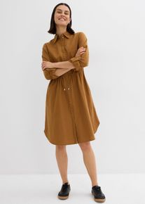 Midikleid bonprix "Hemdblusenkleid aus Leinen-Baumwoll-Mix", Damen, Gr. 44, N-Gr, cognac braun (l&auml;nge: regul&auml;r), Obermaterial: 55% Leinen, 45% Baumwolle, A-Linie, Kleider Midikleid, f&uuml;r l&auml;ssigen Look, aus Leinen-Baumwoll-Mix, in A-Linie, mit Taschen