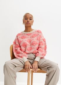 Strickpullover bonprix, Damen, Gr. 36/38 (S), rosa, pink bedruckt, Strick, Obermaterial: 100% Polyacryl, Jacquardmuster, gemustert, unifarben, loose fit h&uuml;ftbedeckend, Rundhals, weit Strickb&uuml;ndchen, Pullover Strickpullover, mit Rundhalsausschnitt, mit Jacquard-Muster, Langarm