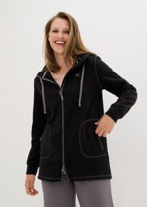 Fleecejacke bonprix, Damen, Gr. 56/58 (XXXL), schwarz, Fleece, Obermaterial: 100% Polyester, kontrastfarbene Details, unifarben, regular fit Po-bedeckend, Rippb&uuml;ndchen, Jacken Fleecejacke, A-Linien-Schnitt, Langarm-Design, aus 100% Polyester, Regular Fit
