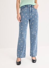 bonprix Straight-Jeans High Waist Baumwolle, blau, Gr.44, Straight-Jeans High Waist mit Blumenmuster, aus 100% Baumwolle