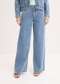 bonprix Wide-Leg-Jeans Mid Waist Baumwolle, blau, Gr.46, Wide-Leg-Jeans Mid Waist mit Applikation an den Taschen, aus 100% Baumwolle