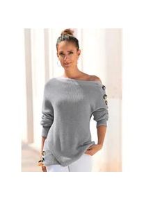 Strickpullover Lascana, Damen, Gr. 44/46, grau (hellgrau, meliert), Strick, Obermaterial: 60% Baumwolle, 40% Polyacryl, figurumspielend Po-bedeckend, U-Boot-Ausschnitt, Pullover Strickpullover, mit Kn&ouml;pfen im Off-Shoulder-Style, Damenpullover aus Baumwoll-Mix, Topseller