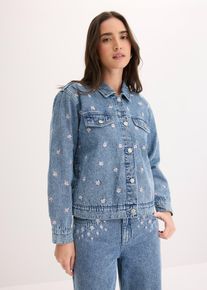 bonprix Jeansjacke mit floraler Stickerei, blau, Gr.48, Jeansjacke mit floraler Stickerei aus reiner Baumwolle, aus 100% Baumwolle