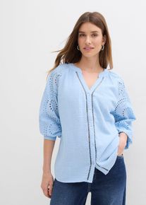bonprix Tunikabluse aus luftigem Musselin, blau, Gr.40, Mit Knopfleiste und tollen Details, 100% Baumwolle