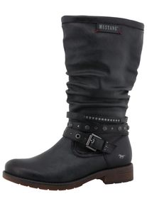 Winterstiefel Mustang Shoes "Elfi", Damen, Gr. 43, Normalschaft, blau (navy), Lederimitat, Basic, Schuhe Winterstiefel, Stiefel mit Zierriemchen und Blockabsatz