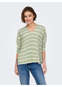 Strickpullover Only "ONLAMALIO LIFE LS V-NECK KNT", Damen, Gr. S, desert sage stripes:mel, cloud dancer, Strick, Obermaterial: 100% Polyester, gestreift, oversize, V-Ausschnitt, Pullover Strickpullover
