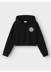 Kapuzensweatshirt name it "NKFKORY LS CROP BOXY SWE WH BRU PS NOOS", M&auml;dchen, Gr. 116, schwarz, Sweatware, Obermaterial: 60% Baumwolle, 40% Polyester, bedruckt, relaxed fit normal, ohne Ausschnitt, Rippb&uuml;ndchen, Sweatshirts Kapuzensweatshirt