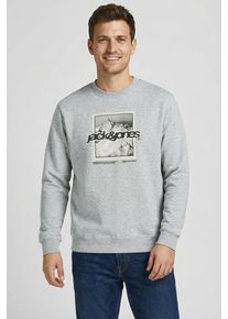 Jack & Jones Kapuzensweatshirt JACK & JONES "JCOFLARE FRONT PRINT SWEAT CREW NECK", Herren, Gr. S, light grau melange, angeraute Sweatware, Obermaterial: 70% Baumwolle, 30% Polyester, meliert, relaxed fit, Rundhals, Rippb&uuml;ndchen, Sweatshirts Kapuzensweatshirt