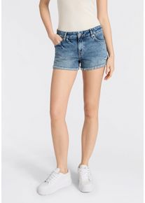 Jeansshorts HUGO BLUE "Galimon", Damen, Gr. 29, N-Gr, medium blau 428, Denim/Jeans, Obermaterial: 100% Baumwolle, Destroyed-Effekte, unifarben, kurz, Jeans Jeansshorts, Mid Rise, geschnittener Saum