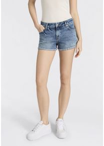Jeansshorts HUGO BLUE "Galimon", Damen, Gr. 27, N-Gr, medium blau 428, Denim/Jeans, Obermaterial: 100% Baumwolle, Destroyed-Effekte, unifarben, kurz, Jeans Jeansshorts, Mid Rise, geschnittener Saum