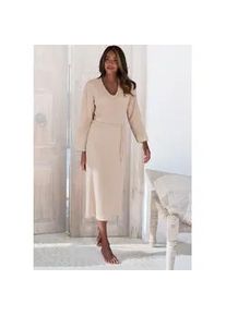 Strickkleid Lascana, Damen, Gr. 44/46, N-Gr, beige (sand, melange), Rippware, Obermaterial: 56% Polyester, 41% Viskose, 3% Elasthan, meliert, unifarben, figurumspielend kniebedeckend, V-Ausschnitt, Kleider Strickkleid, Lounge-/ Rippkleid mit weiten &Auml;rmeln und Taillenband, Loungewear