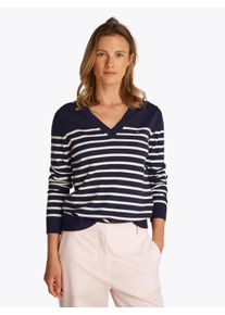 Strickpullover Tommy Hilfiger "STITCH V-NECK", Damen, Gr. XL (46), blau (schwarz night navy, ivory petal stp), Feinstrick, Obermaterial: 67% Baumwolle, 33% Polyamid, gestreift, Basic, regular fit normal, V-Ausschnitt, eingesetzt Rippstrickb&uuml;ndchen mit Kn&ouml;pfen, Pullover Strickpullover, mit Knopfdetail am &Auml;rmel, Regular Fit