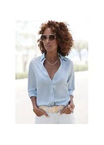 Hemdbluse Lascana, Damen, Gr. 34, blau, Web, Obermaterial: 58% Viskose, 28% Baumwolle, 14% Leinen, unifarben, figurumspielend h&uuml;ftbedeckend, V-Ausschnitt, 2-Knopf-Manschette, Blusen Hemdbluse, aus Leinenmix, Damenbluse mit Hemdkragen und Knopfleiste, Topseller