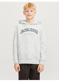 Jack & Jones Kapuzensweatshirt JACK & JONES JUNIOR "JJECALEB VARSITY SWEAT HOOD NOOS JNR", Jungen, Gr. 140, wei&szlig; (wei&szlig; melange fit:loose), angeraute Sweatware, Obermaterial: 70% Baumwolle, 30% Polyester, bedruckt, relaxed fit, Rippb&uuml;ndchen, Sweatshirts Kapuzensweatshirt