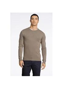 Strickpullover LINDBERGH, Herren, Gr. L, beige (dk sand mel), Strick, Obermaterial: 80% Viskose, 20% Nylon, bestickt, unifarben, slim fit h&uuml;ftbedeckend, Rundhals, B&uuml;ndchen, Pullover Strickpullover, mit Logo-Stickerei