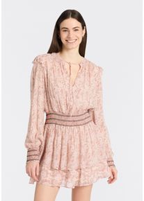 Druckkleid BOSS Orange "Darmia Premium Damenmode", Damen, Gr. 40, N-Gr, open miscellaneous 974, Web, Obermaterial: 100% Viskose, gemustert, tailliert kniefrei, weit gesmokt, Kleider Druckkleid, mit Volants und gesmokten Details