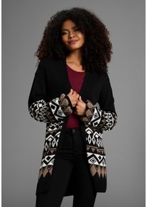 Longstrickjacke Kangaroos, Damen, Gr. 36/38, schwarz, Strick, Obermaterial: 60% Baumwolle, 40% Polyacryl, gemustert, figurumspielend lang, tiefer V-Ausschnitt, Rippb&uuml;ndchen, Strickjacken Longstrickjacke, in offener Form im Norweger Muster