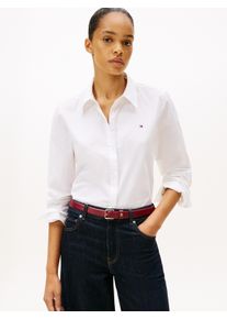 Hemdbluse Tommy Hilfiger "ESS POPLIN REGULAR SHIRT", Damen, Gr. 46, wei&szlig; (th optic wei&szlig;), Web, Obermaterial: 97% Baumwolle, 3% Elasthan, unifarben, regular fit Po-bedeckend, 1-Knopf-Manschette mit Schlitz, Blusen Hemdbluse, Langarm, Regular Fit