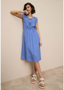 Midikleid Tamaris, Damen, Gr. 34, N-Gr, blau, wei&szlig; gestreift, Web, Obermaterial: 100% Viskose, gestreift, figurumspielend wadenlang, V-Ausschnitt, angeschnitten, Kleider Midikleid, mit Schleifendetails und taillierter Silhouette