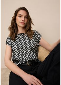 Shirtbluse Tamaris, Damen, Gr. 46, schwarz-wei&szlig; (schwarz sand), Satin, Obermaterial: 95% Viskose, 5% Elasthan. Vorderteil: 100% Polyester, bedruckt, l&auml;ssig geschnitten h&uuml;ftbedeckend, Rundhals, Blusen Shirtbluse, in lockerer Form mit Satin, Topseller