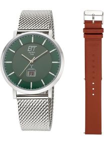 Funkuhr ETT "Atacama", silber (silberfarben, gr&uuml;n), Armbanduhren, Herren, Funkuhr, Armbanduhr, Herrenuhr, Datum, Solar, ideal auch als Geschenk