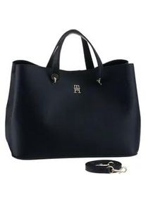 Henkeltasche Tommy Hilfiger "TH EMBLEM SATCHEL", Damen, Gr. B/H/T: 37,5cm x 27,5cm x 22cm, blau (dw6 space blau), Polyurethan, Strukturmuster, unifarben, Taschen, mit TH-Emblem vorne