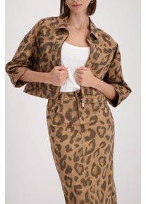 Kurzjacke monari "Leodruck allover", Damen, Gr. 42, biscotti gem, Denim/Jeans, Obermaterial: 91% Baumwolle, 6% Polyester, 3% Elasthan, gemustert, regular fit kurz, Rundhals, eingesetzt angesetztes B&uuml;ndchen, Jacken Kurzjacke, Regular fit mit Leo-Print