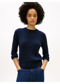 Rundhalspullover Tommy Hilfiger "CO CABLE C-NK LS SWEATER", Damen, Gr. XS (34), schwarz n navy tipping, Strick, Obermaterial: 100% Baumwolle, unifarben, regular fit h&uuml;ftlang, Rundhals, Rippstrickb&uuml;ndchen, Pullover Rundhalspullover, Baumwolle, mit Zopfmuster, Regular Fit
