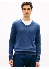 Strickpullover Tommy Hilfiger "ESSENTIAL COTTON V NECK mit V-Ausschnitt und Stickerei", Herren, Gr. XL, gr&uuml;n (aegean sea heather), Strick, Obermaterial: 100% Baumwolle, meliert, V-Ausschnitt, Rippb&uuml;ndchen, Pullover Strickpullover, unifarben, casual, regular fit, Baumwolle, V-Ausschnitt